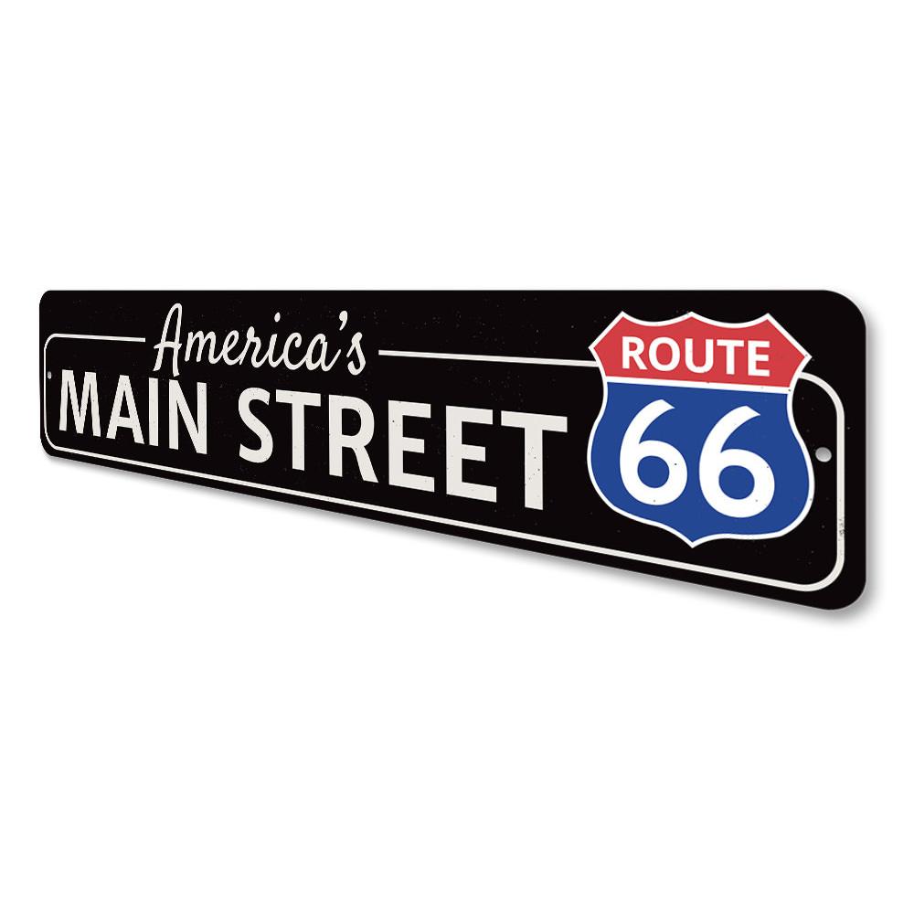 Decorative America's Main Street Route 66 Sign made of high-quality aluminum, featuring vibrant colors and pre-drilled holes for easy mounting.