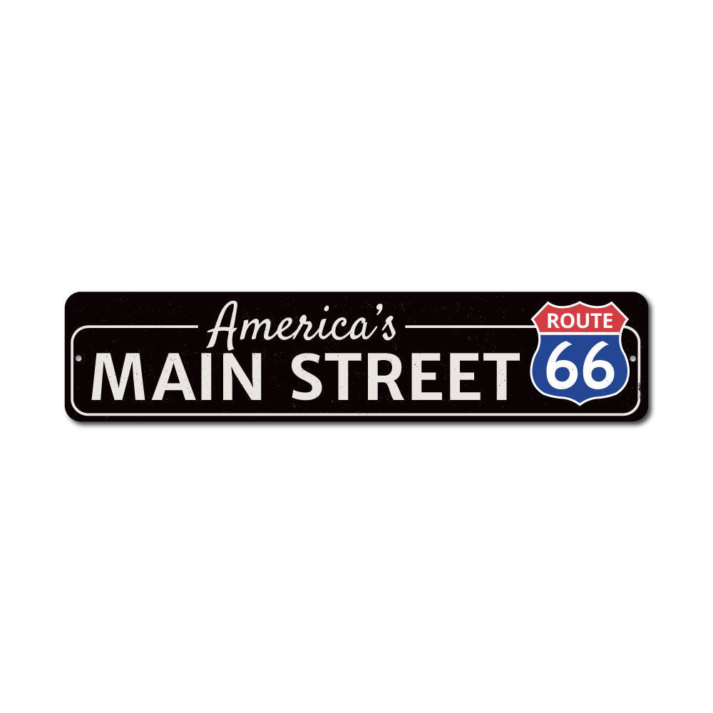 Decorative America's Main Street Route 66 Sign made of high-quality aluminum, featuring vibrant colors and pre-drilled holes for easy mounting.