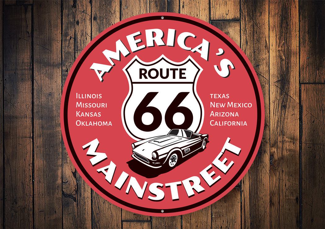 America's Mainstreet Route 66 Sign made of high-quality aluminum, featuring vibrant colors and a classic design, perfect for home decor.