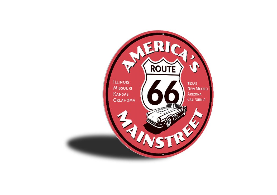 America's Mainstreet Route 66 Sign made of high-quality aluminum, featuring vibrant colors and a classic design, perfect for home decor.