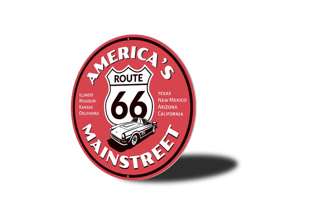 America's Mainstreet Route 66 Sign made of high-quality aluminum, featuring vibrant colors and a classic design, perfect for home decor.