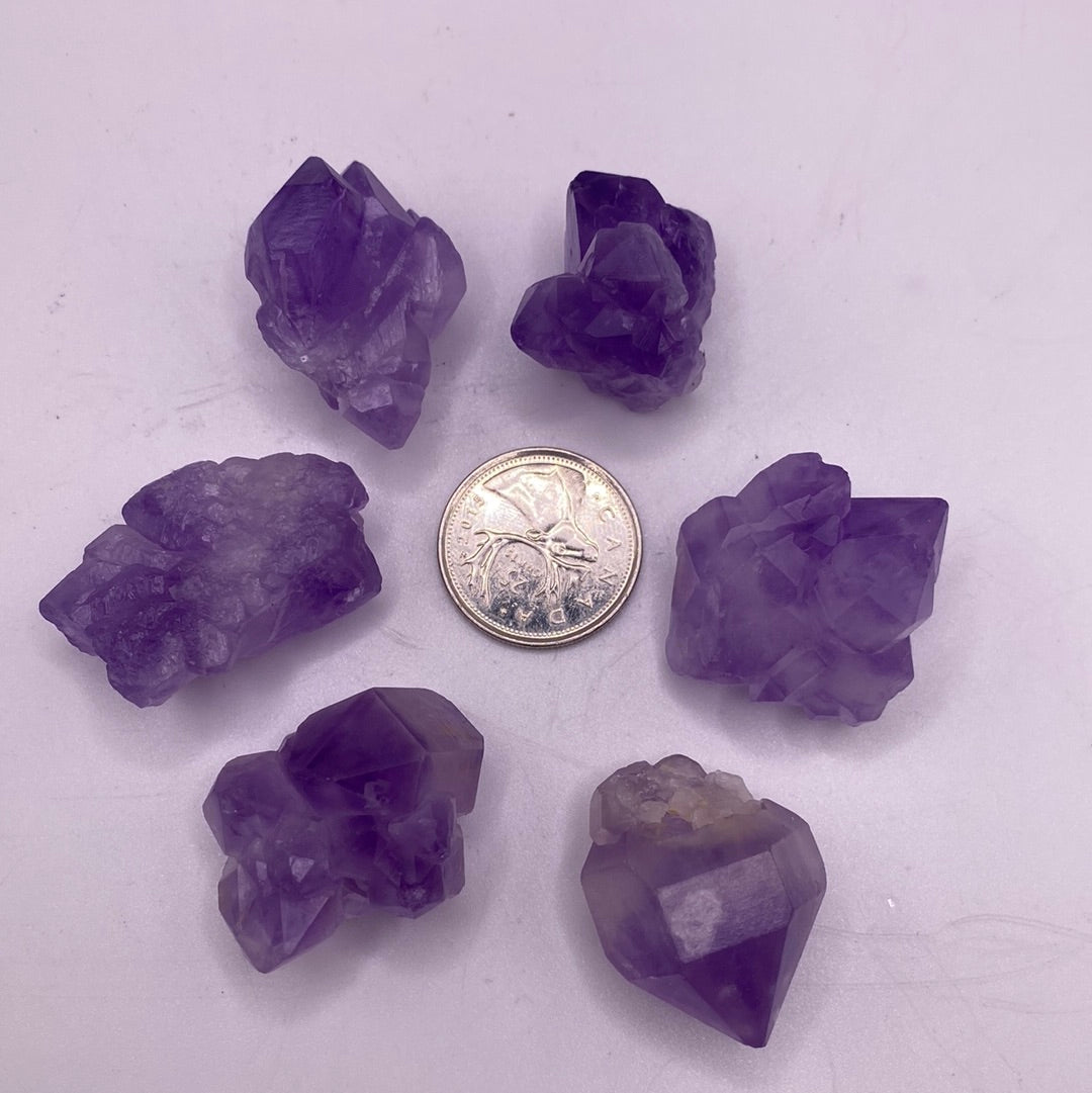 A collection of small amethyst clusters, showcasing various points and rich purple hues, perfect for decoration or healing.