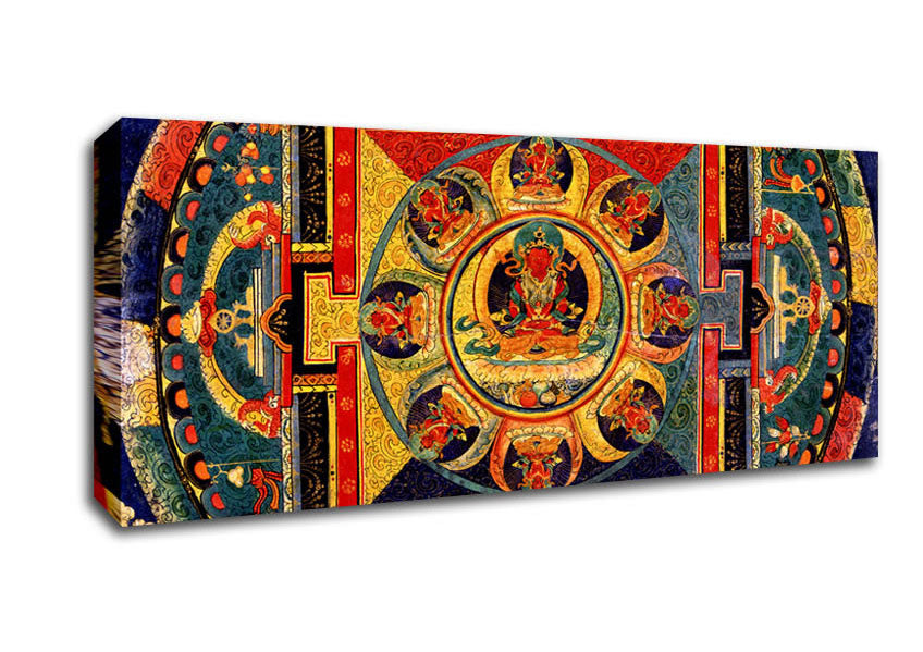 Amitayus canvas art printed on coated polyester, mounted on a 44mm box frame, showcasing vibrant colors and intricate design.