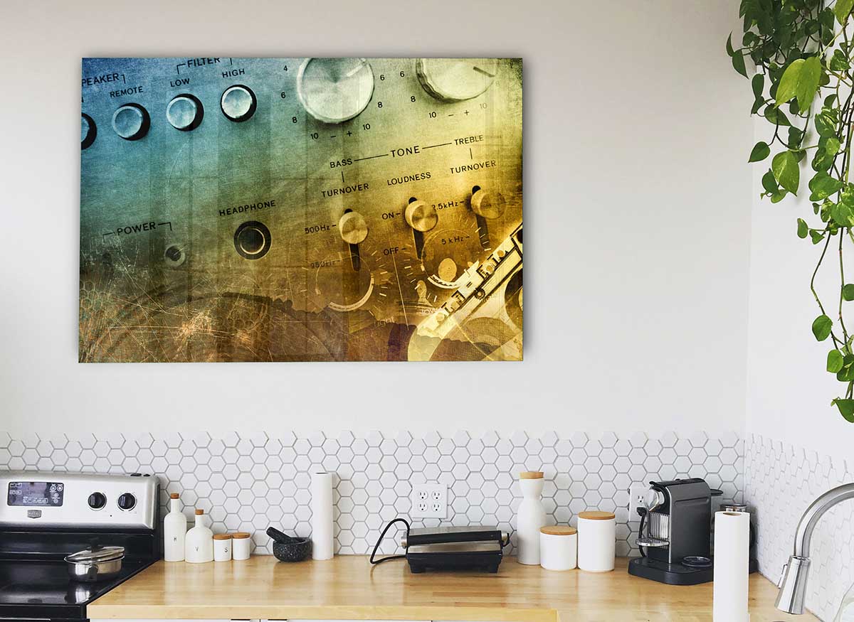 Modern Amp It Up glass print art featuring vibrant colors and sleek design, perfect for home decor.