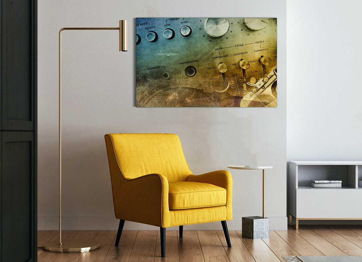 Modern Amp It Up glass print art featuring vibrant colors and sleek design, perfect for home decor.