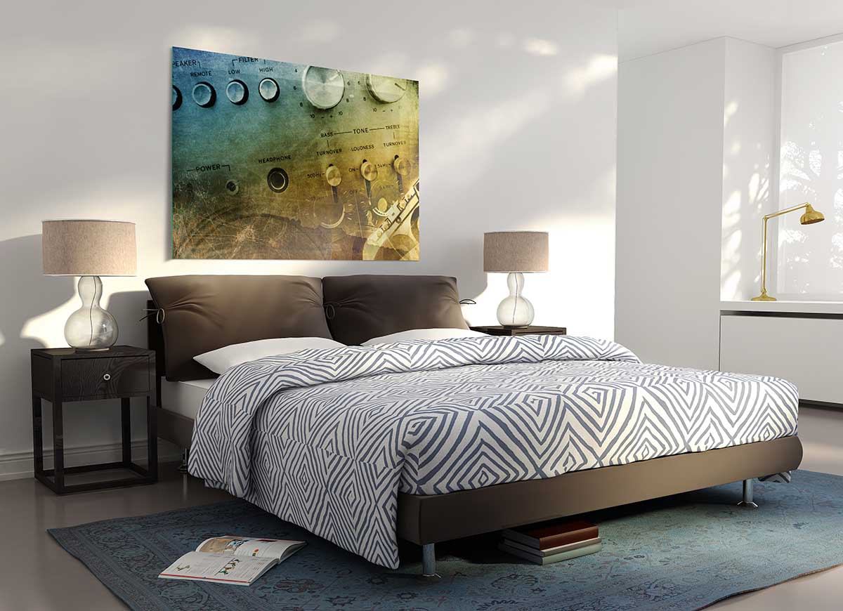 Modern Amp It Up glass print art featuring vibrant colors and sleek design, perfect for home decor.