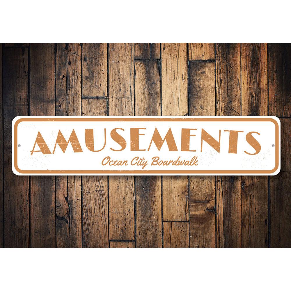 Customizable Amusements Sign made of high-quality aluminum, featuring beach-themed design, perfect for coastal decor.