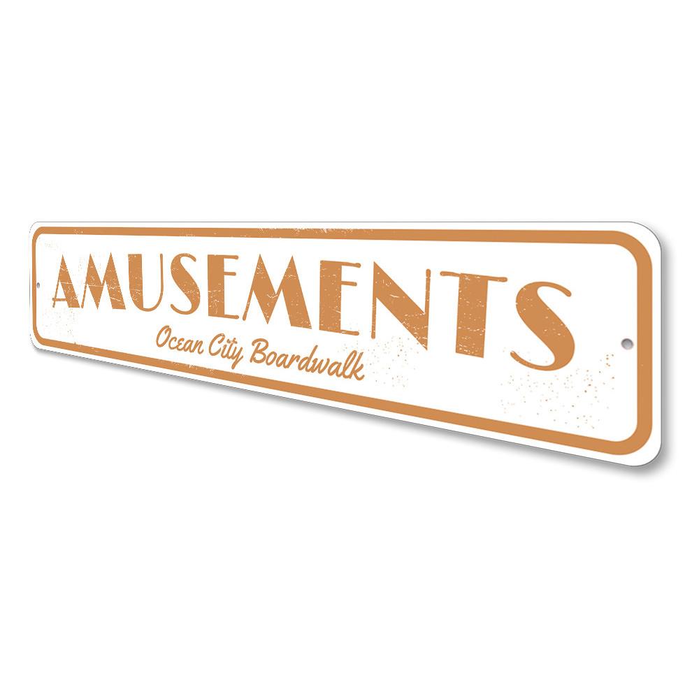 Customizable Amusements Sign made of high-quality aluminum, featuring beach-themed design, perfect for coastal decor.