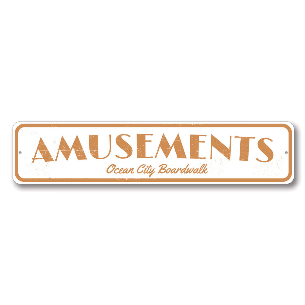 Customizable Amusements Sign made of high-quality aluminum, featuring beach-themed design, perfect for coastal decor.