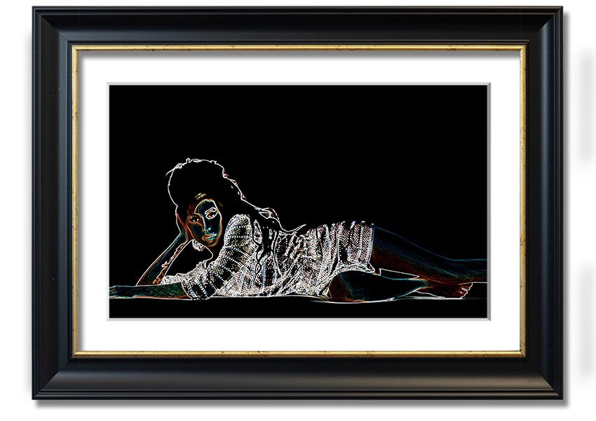 Framed print of Amy Winehouse, showcasing her iconic style and presence, available in various frame colors.