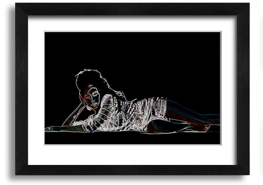 Framed print of Amy Winehouse, showcasing her iconic style and presence, available in various frame colors.