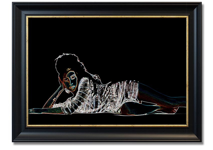 Framed print of Amy Winehouse, showcasing her iconic style and presence, available in various frame colors.