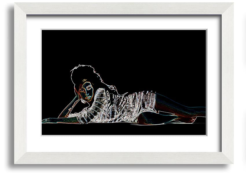 Framed print of Amy Winehouse, showcasing her iconic style and presence, available in various frame colors.