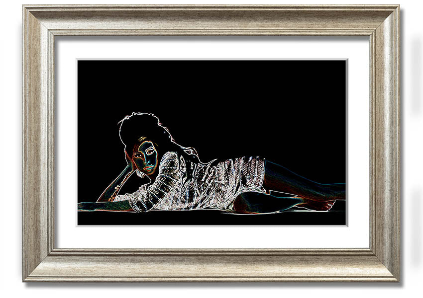 Framed print of Amy Winehouse, showcasing her iconic style and presence, available in various frame colors.