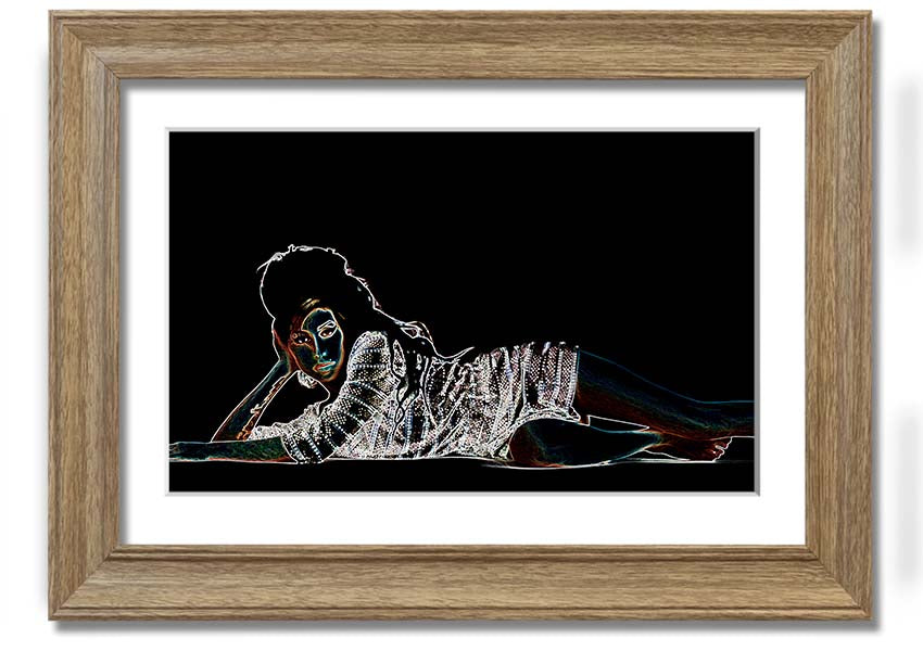 Framed print of Amy Winehouse, showcasing her iconic style and presence, available in various frame colors.