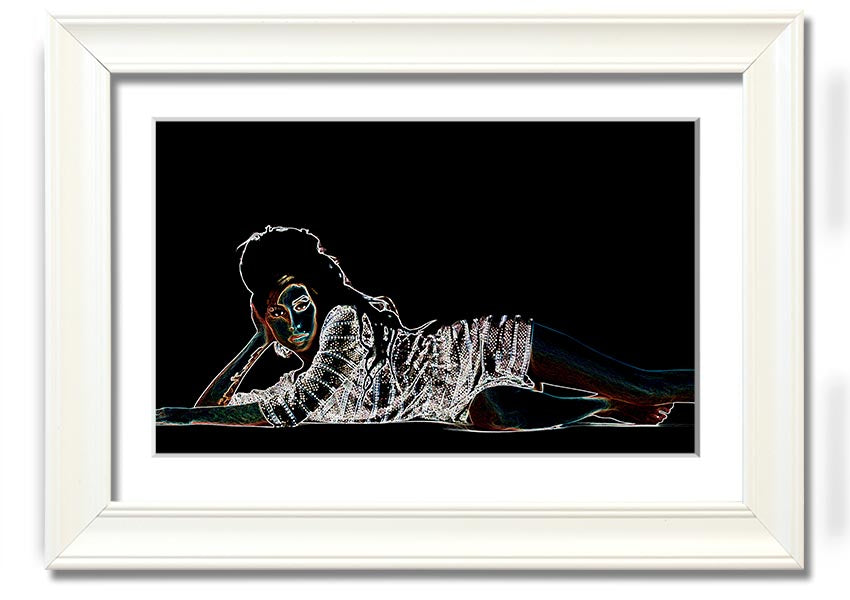 Framed print of Amy Winehouse, showcasing her iconic style and presence, available in various frame colors.