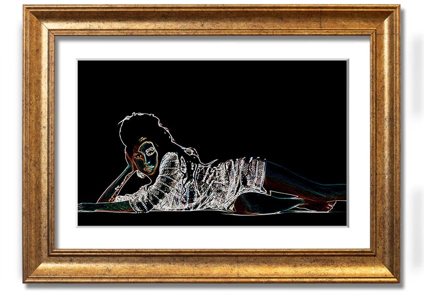 Framed print of Amy Winehouse, showcasing her iconic style and presence, available in various frame colors.