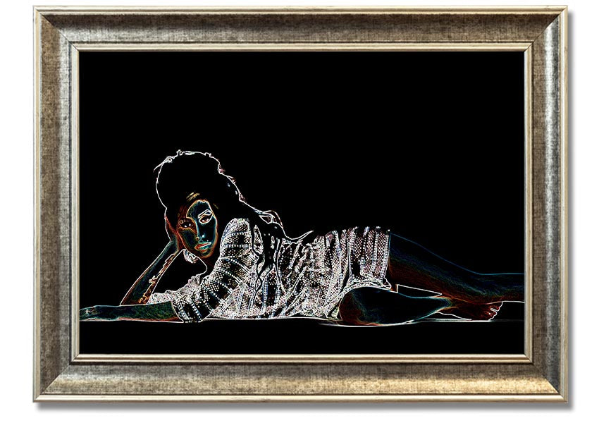 Framed print of Amy Winehouse, showcasing her iconic style and presence, available in various frame colors.