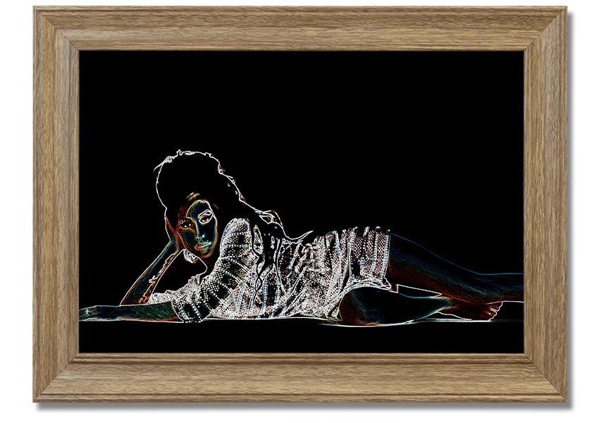 Framed print of Amy Winehouse, showcasing her iconic style and presence, available in various frame colors.