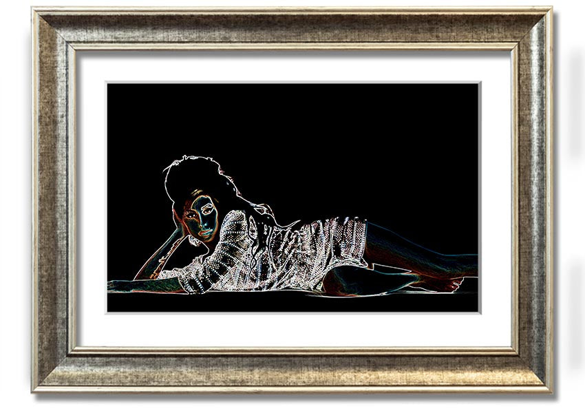 Framed print of Amy Winehouse, showcasing her iconic style and presence, available in various frame colors.