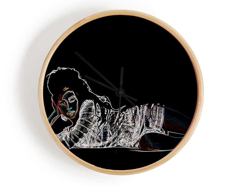 Stylish Amy Winehouse bamboo clock with a round face, available in black, white, and natural frame colors.