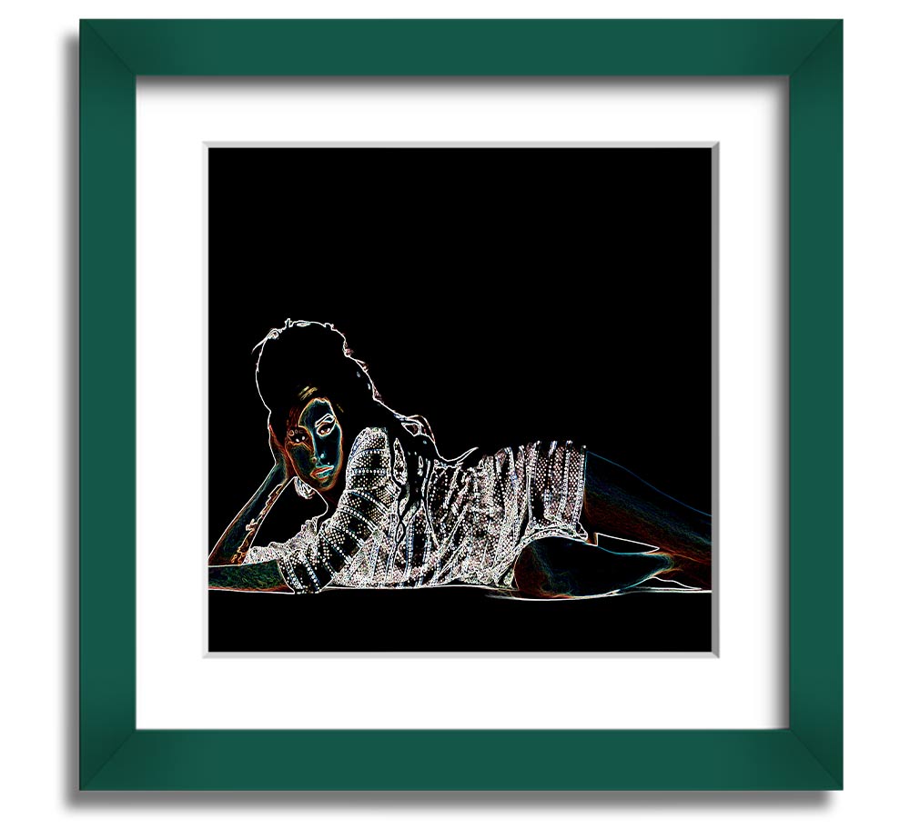 Square framed print of Amy Winehouse, showcasing her iconic style, available in various frame colours.