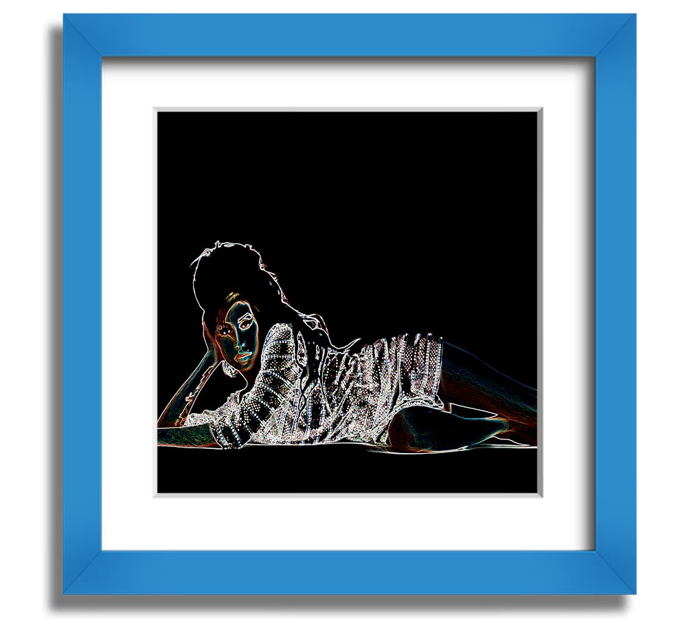 Square framed print of Amy Winehouse, showcasing her iconic style, available in various frame colours.