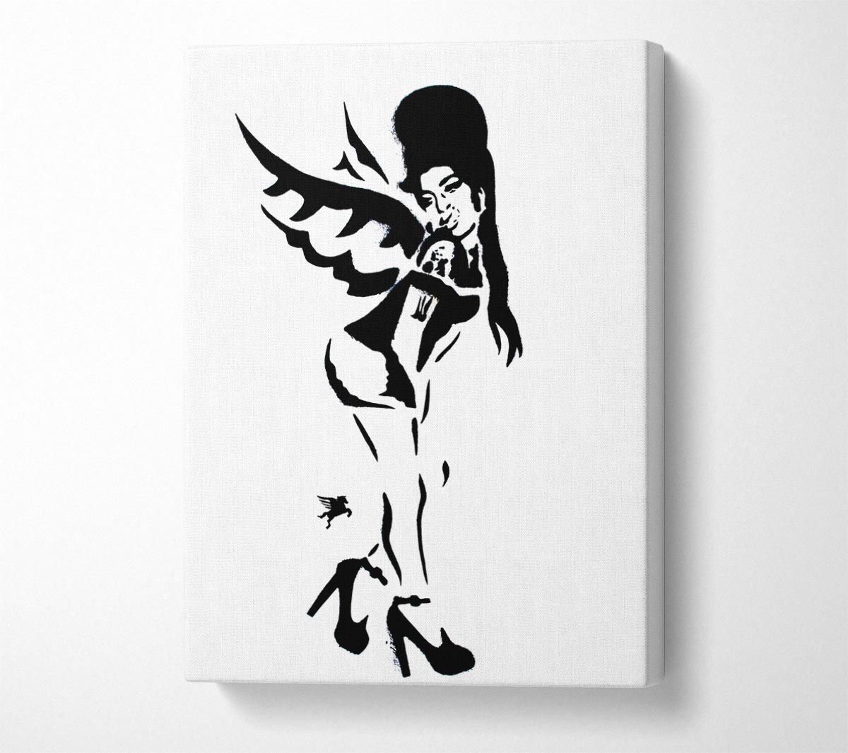 Amy Winehouse Wings canvas art mounted on a 44mm box frame, showcasing vibrant colors and intricate details.