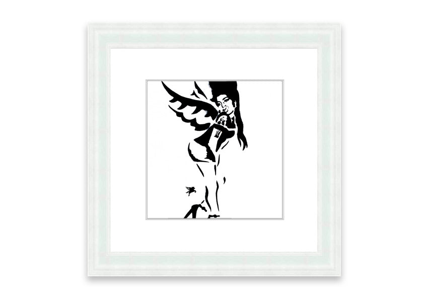 Framed print of Amy Winehouse Wings artwork, showcasing vibrant colors and quality craftsmanship, ready to hang.