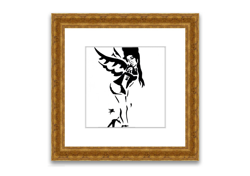 Framed print of Amy Winehouse Wings artwork, showcasing vibrant colors and quality craftsmanship, ready to hang.