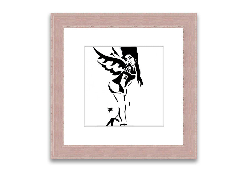 Framed print of Amy Winehouse Wings artwork, showcasing vibrant colors and quality craftsmanship, ready to hang.