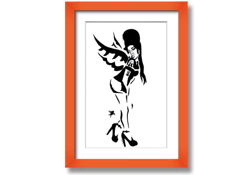 Framed print of Amy Winehouse Wings, showcasing vibrant colors and artistic design, available in various frame colors.