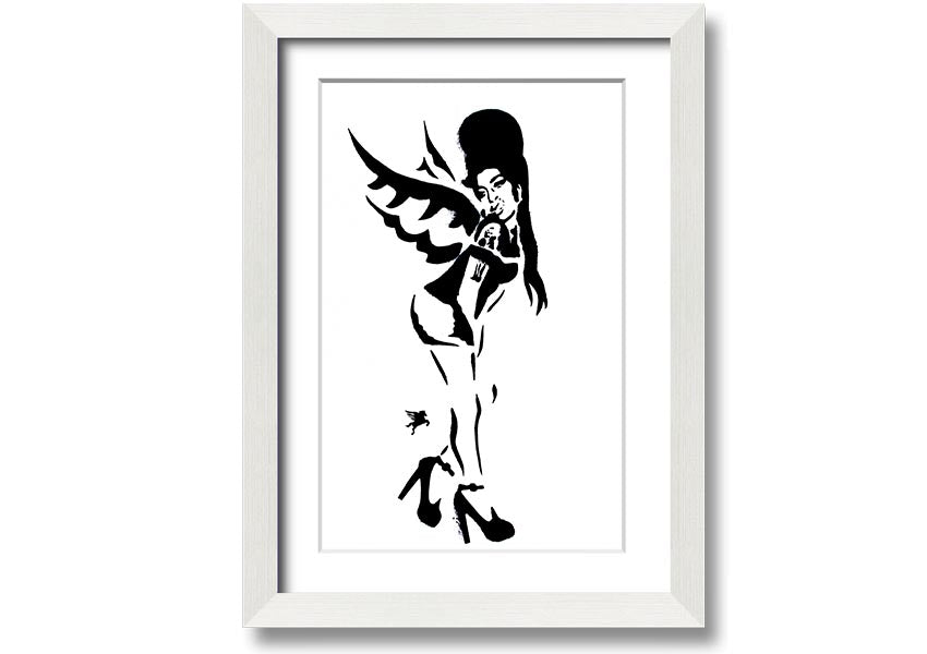 Framed print of Amy Winehouse Wings, showcasing vibrant colors and artistic design, available in various frame colors.