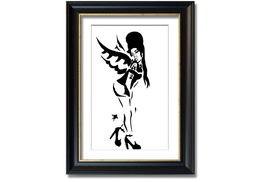 Framed print of Amy Winehouse Wings, showcasing vibrant colors and artistic design, available in various frame colors.