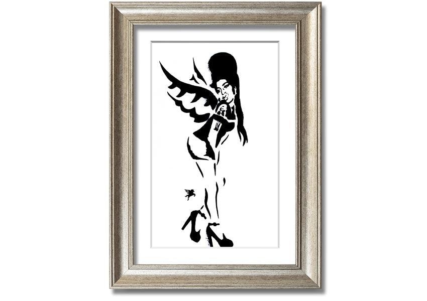 Framed print of Amy Winehouse Wings, showcasing vibrant colors and artistic design, available in various frame colors.