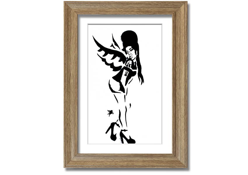 Framed print of Amy Winehouse Wings, showcasing vibrant colors and artistic design, available in various frame colors.