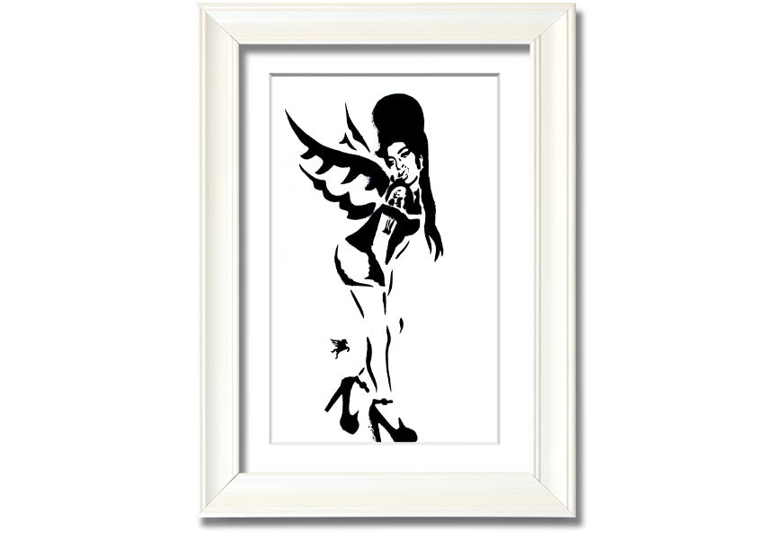 Framed print of Amy Winehouse Wings, showcasing vibrant colors and artistic design, available in various frame colors.