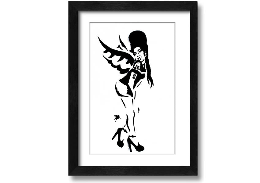 Framed print of Amy Winehouse Wings, showcasing vibrant colors and artistic design, available in various frame colors.