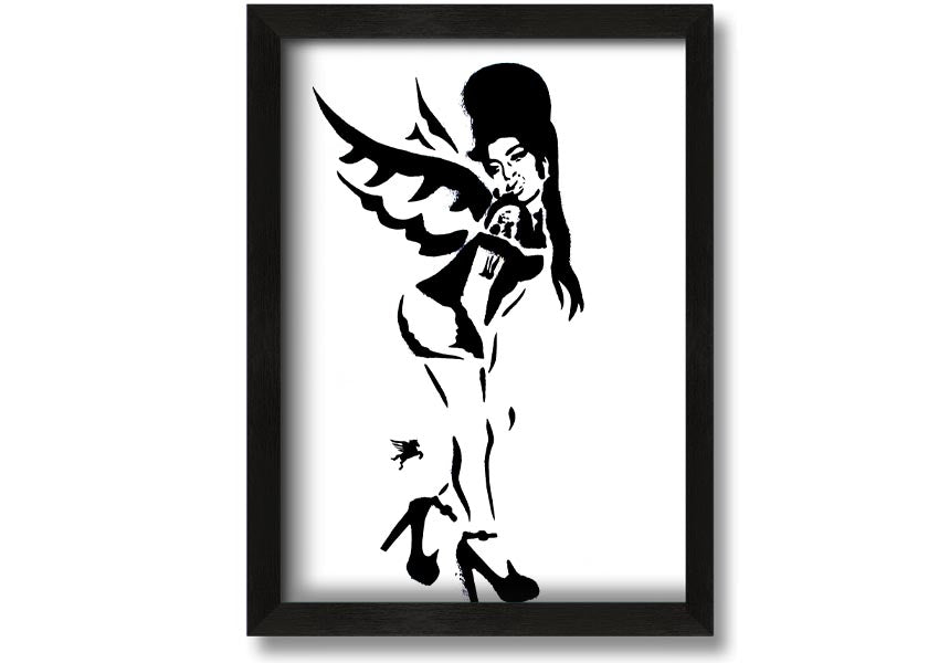 Framed print of Amy Winehouse Wings, showcasing vibrant colors and artistic design, available in various frame colors.