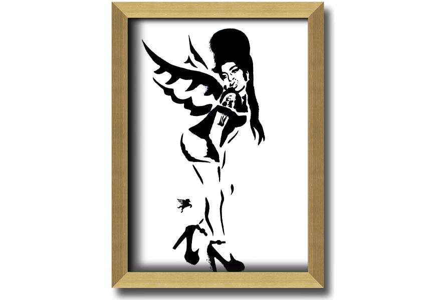 Framed print of Amy Winehouse Wings, showcasing vibrant colors and artistic design, available in various frame colors.