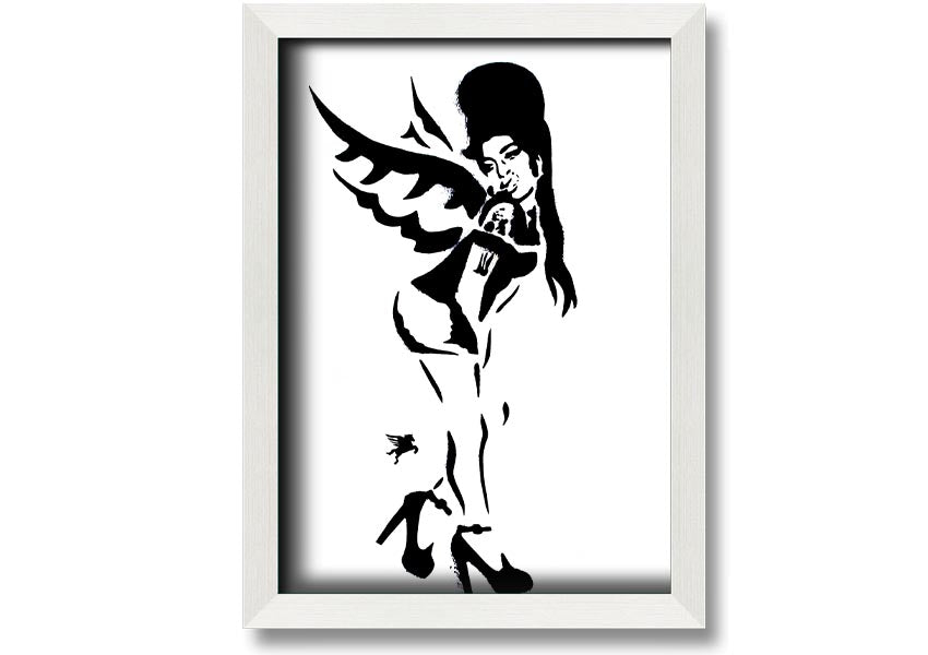 Framed print of Amy Winehouse Wings, showcasing vibrant colors and artistic design, available in various frame colors.