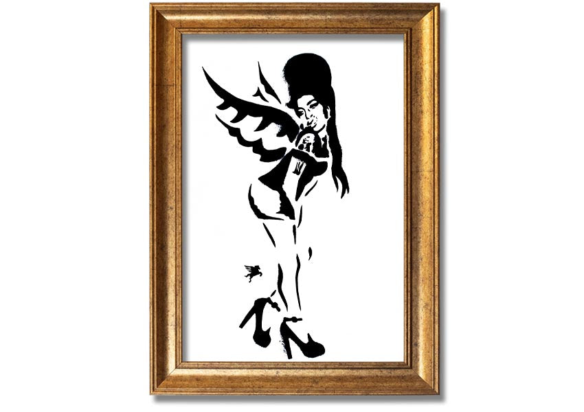 Framed print of Amy Winehouse Wings, showcasing vibrant colors and artistic design, available in various frame colors.