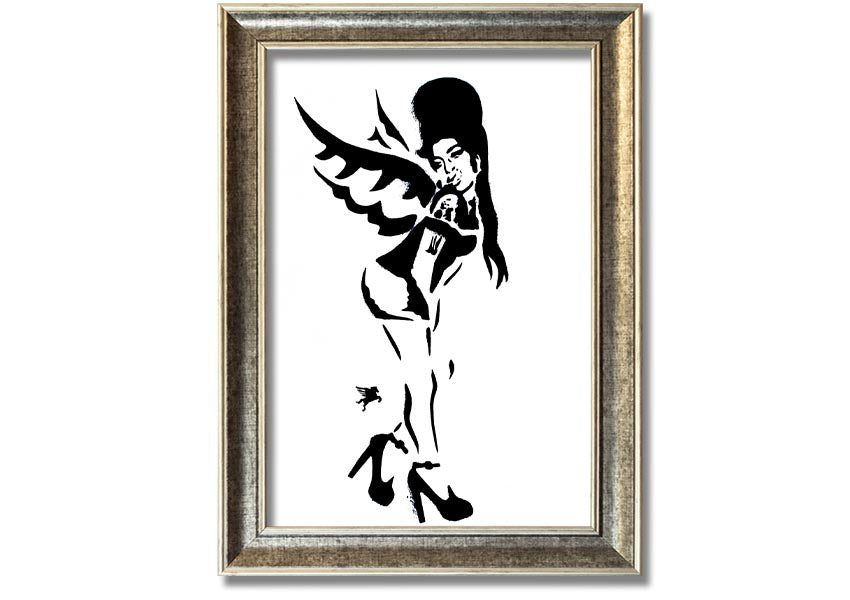 Framed print of Amy Winehouse Wings, showcasing vibrant colors and artistic design, available in various frame colors.