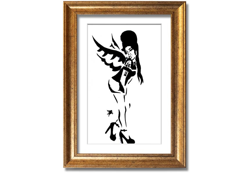 Framed print of Amy Winehouse Wings, showcasing vibrant colors and artistic design, available in various frame colors.