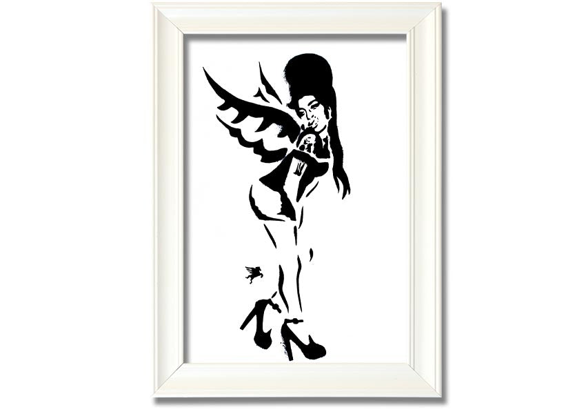 Framed print of Amy Winehouse Wings, showcasing vibrant colors and artistic design, available in various frame colors.