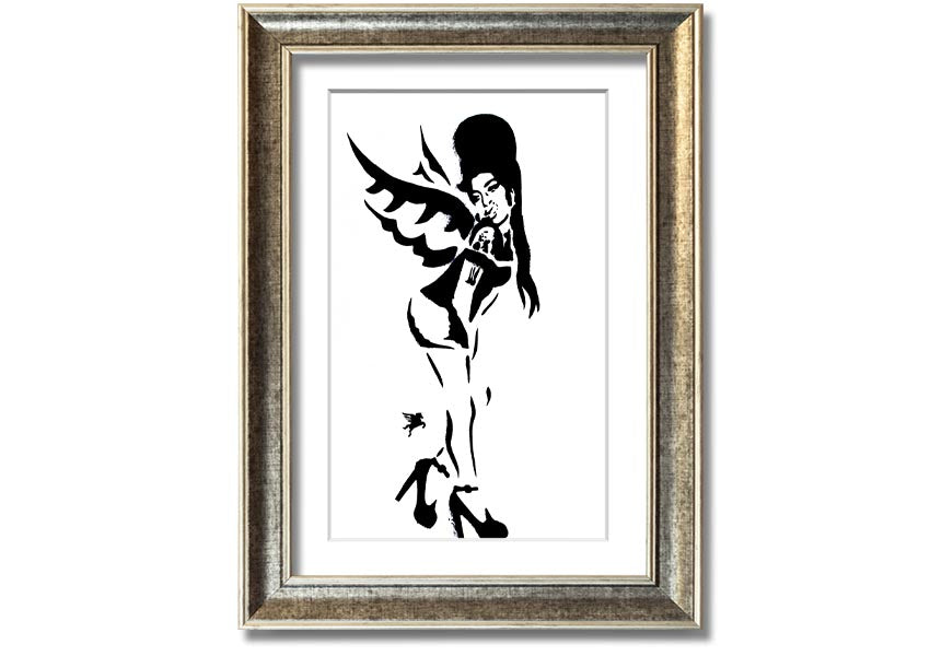 Framed print of Amy Winehouse Wings, showcasing vibrant colors and artistic design, available in various frame colors.