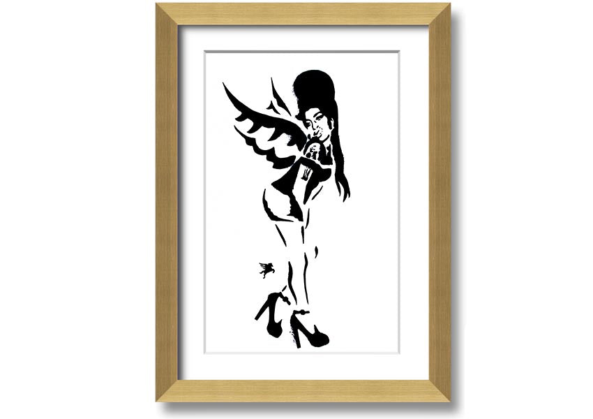 Framed print of Amy Winehouse Wings, showcasing vibrant colors and artistic design, available in various frame colors.