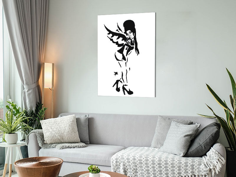 A vibrant artwork of Amy Winehouse's wings printed on brushed aluminium dibond, showcasing modern art style.