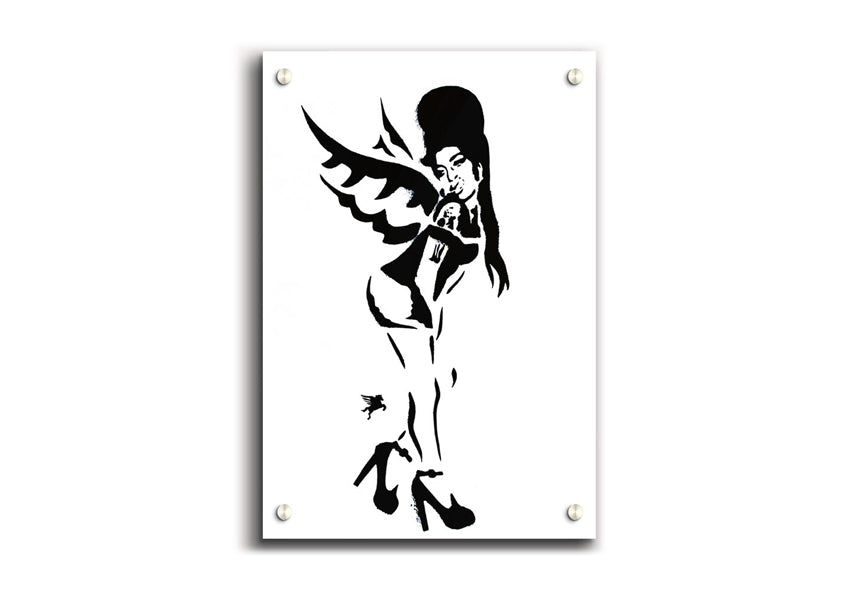 Acrylic print of Amy Winehouse Wings, showcasing vibrant colors on 5mm thick glass, perfect for wall decor.