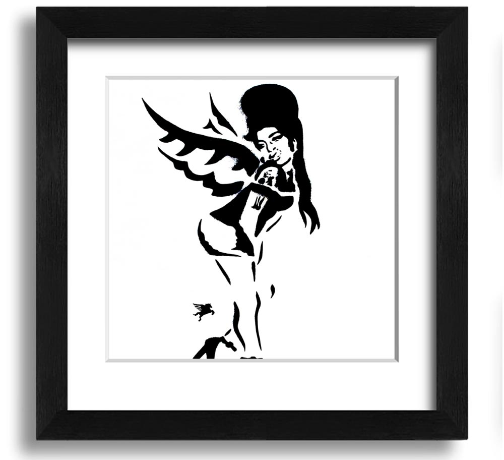 Square framed print of Amy Winehouse Wings, showcasing vibrant colors and elegant design, handmade in the UK.